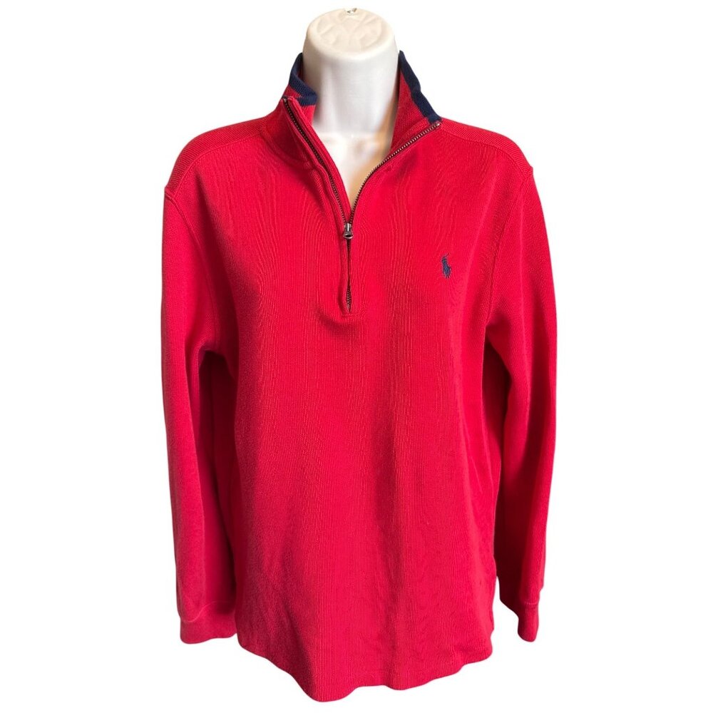 Polo Ralph Lauren Boys L 14/16 Red 1/4 Zip Pullover Sweater 100% Cotton Preppy